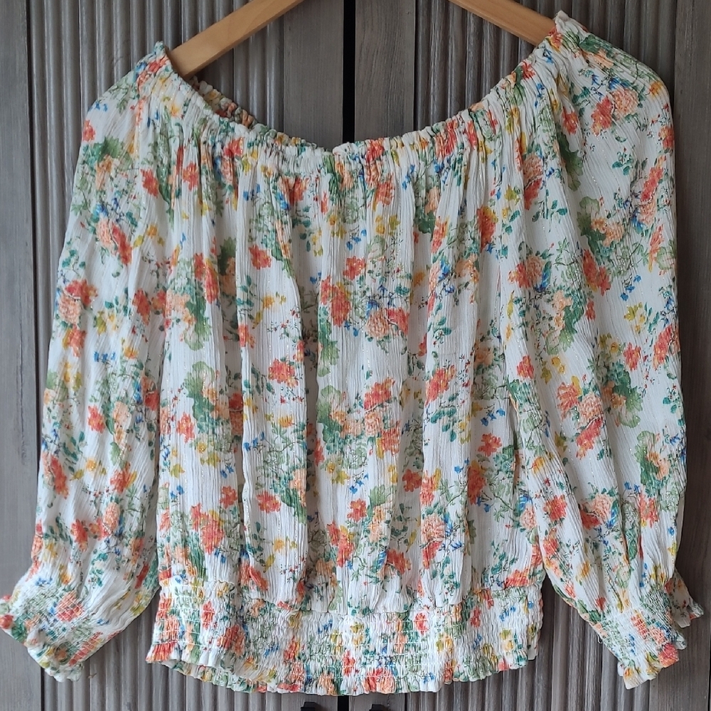 Orange Ruffled Smocked Blouse with 3/4 Sleeves